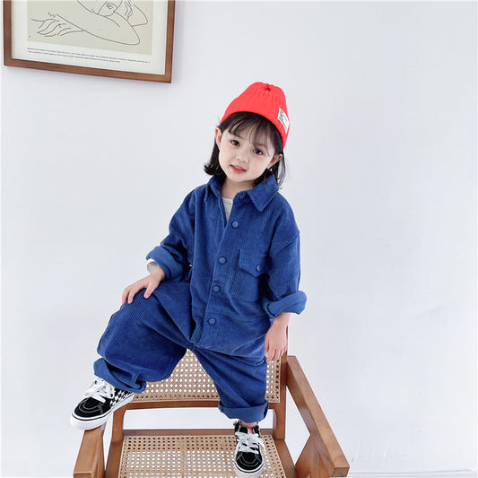 Spring Autumn Fashion Boys Girls Solid Color Corduroy Long Sleeve One-pieces Kids Children Loose Oversized Jumpsuits