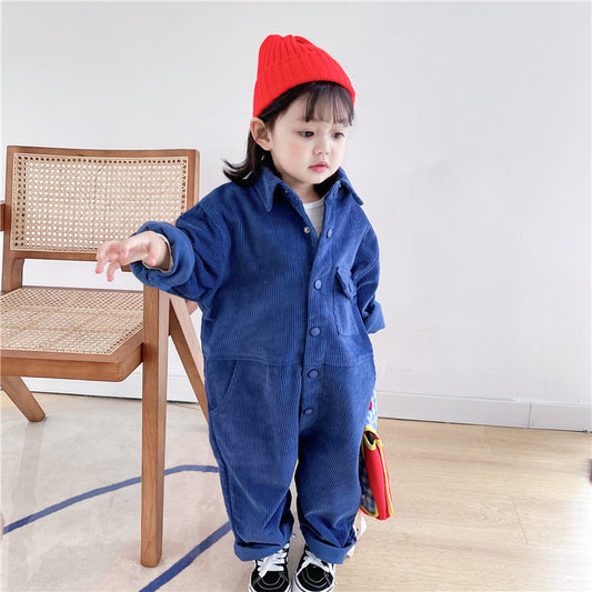 Spring Autumn Fashion Boys Girls Solid Color Corduroy Long Sleeve One-pieces Kids Children Loose Oversized Jumpsuits