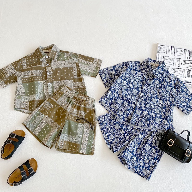 Retro Cotton Cashew Flower Shirt Two-Piece Summer New Male And Female Baby