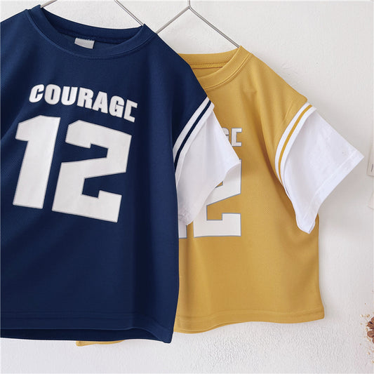 Xiaojie's Boy Sports Style Fake Two Short-sleeved Children's New Summer Casual Tops Baby Handsome T-shirt