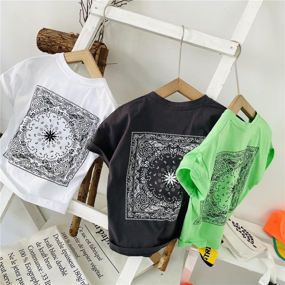 Boys'' Short Sleeve T-shirt Summer Children''s Summer Top Cotton Cashew Flower Printing Thin Loose Middle School Children''s Half Sleeve Fashion