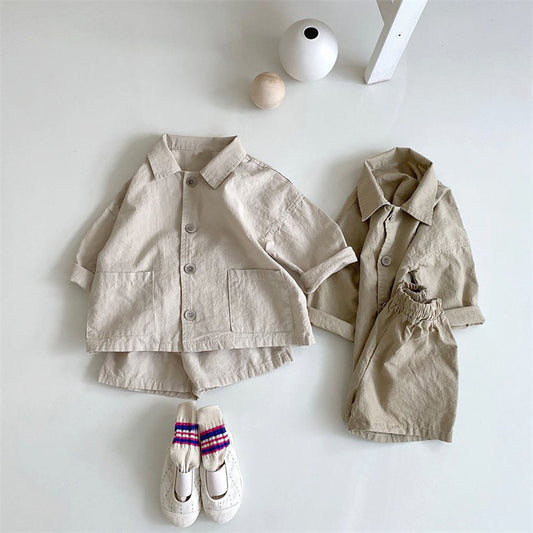 Boy's Fashionable Handsome Lapels Shirt Shorts Casual Two-piece Suit