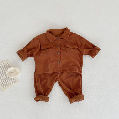 Spring And Autumn Infant Boys And Girls Baby Lapel Cardigan Coat Pants Corduroy Two-piece Set