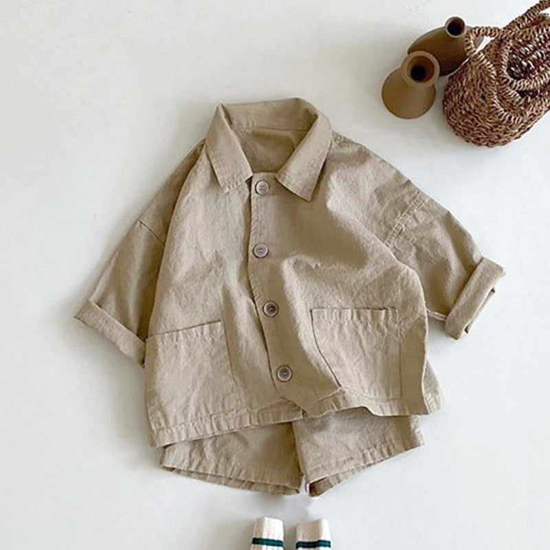 Boy's Fashionable Handsome Lapels Shirt Shorts Casual Two-piece Suit