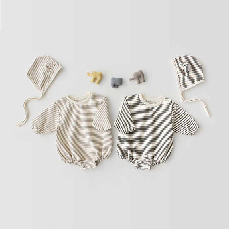 Striped cute little ears hat and romper cotton two-piece romper