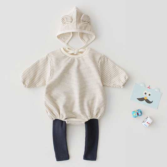 Striped cute little ears hat and romper cotton two-piece romper