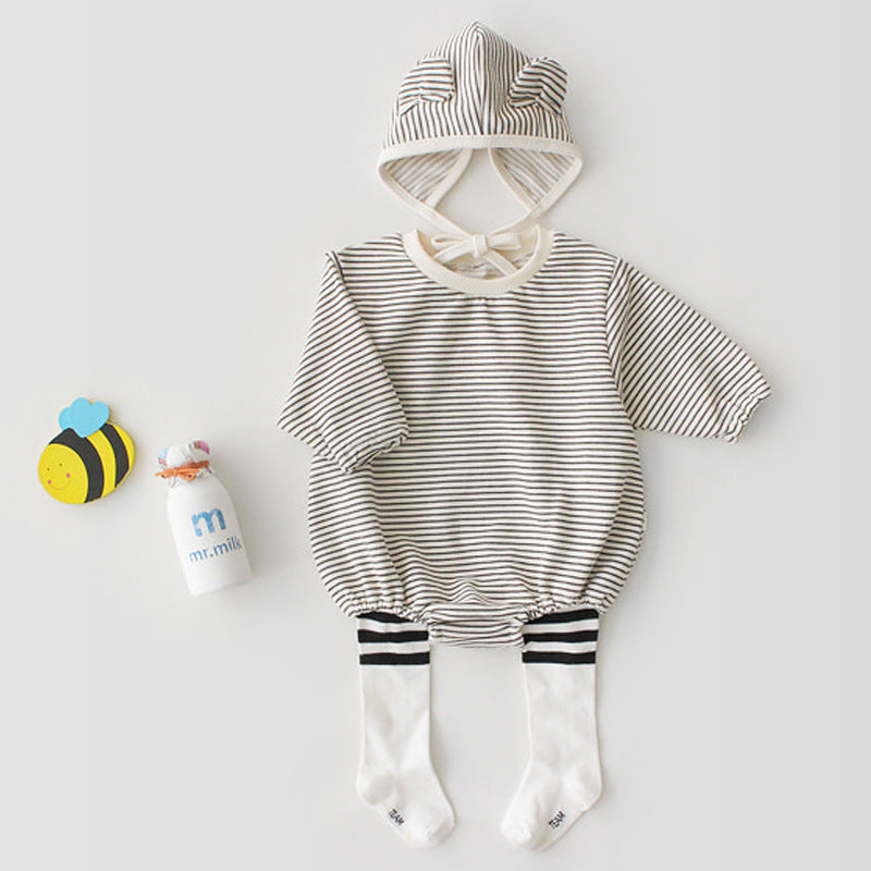 Striped cute little ears hat and romper cotton two-piece romper