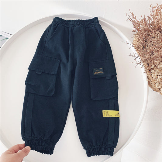 Autumn and Winter New Style Boys' Big Pocket Overalls, Children's Cotton Casual Pants Trendy