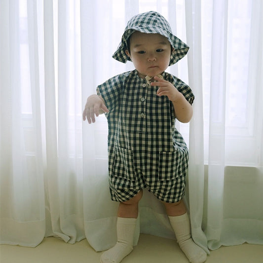 Plaid Romper Hat Two-piece Baby Summer Clothes