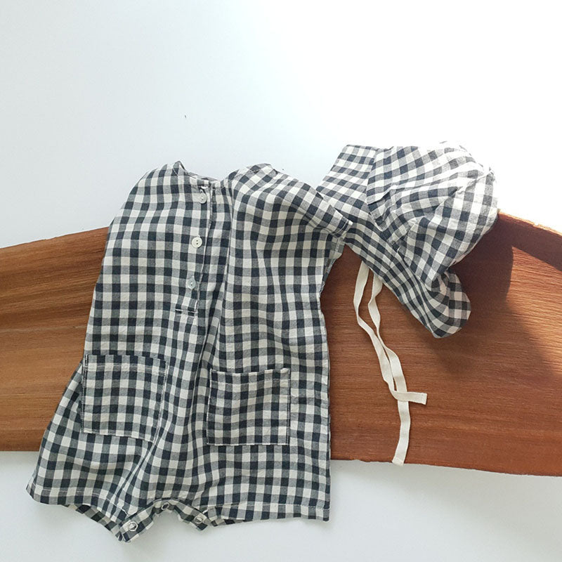 Plaid Romper Hat Two-piece Baby Summer Clothes