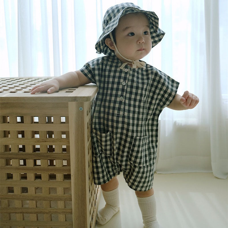 Plaid Romper Hat Two-piece Baby Summer Clothes